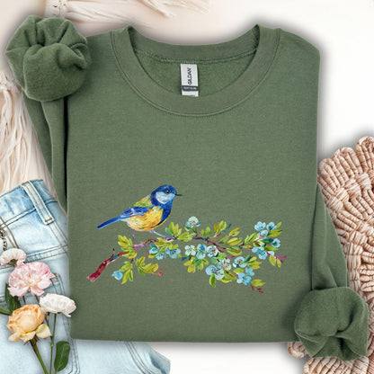 Watercolor Blue Bird on Branch Sweatshirt