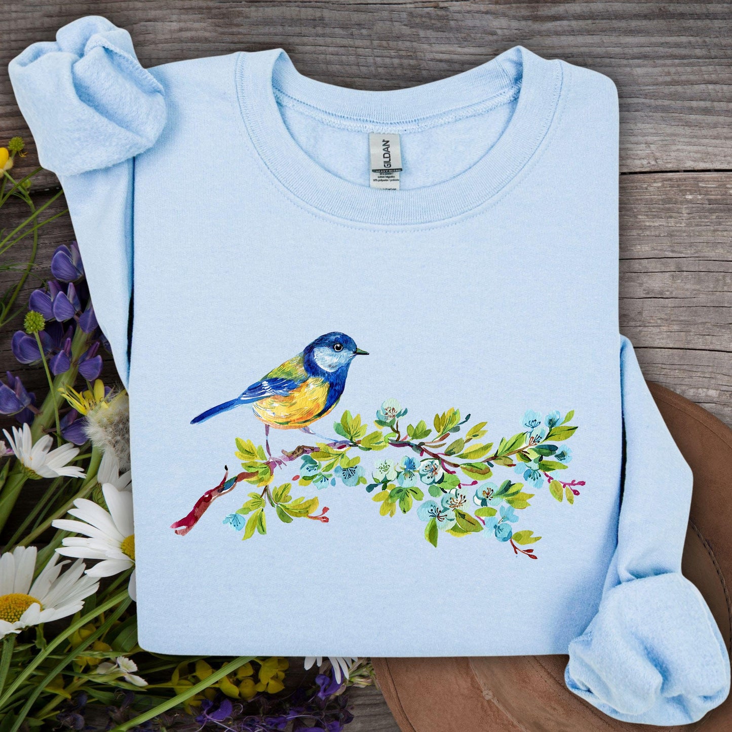 Watercolor Blue Bird on Branch Sweatshirt