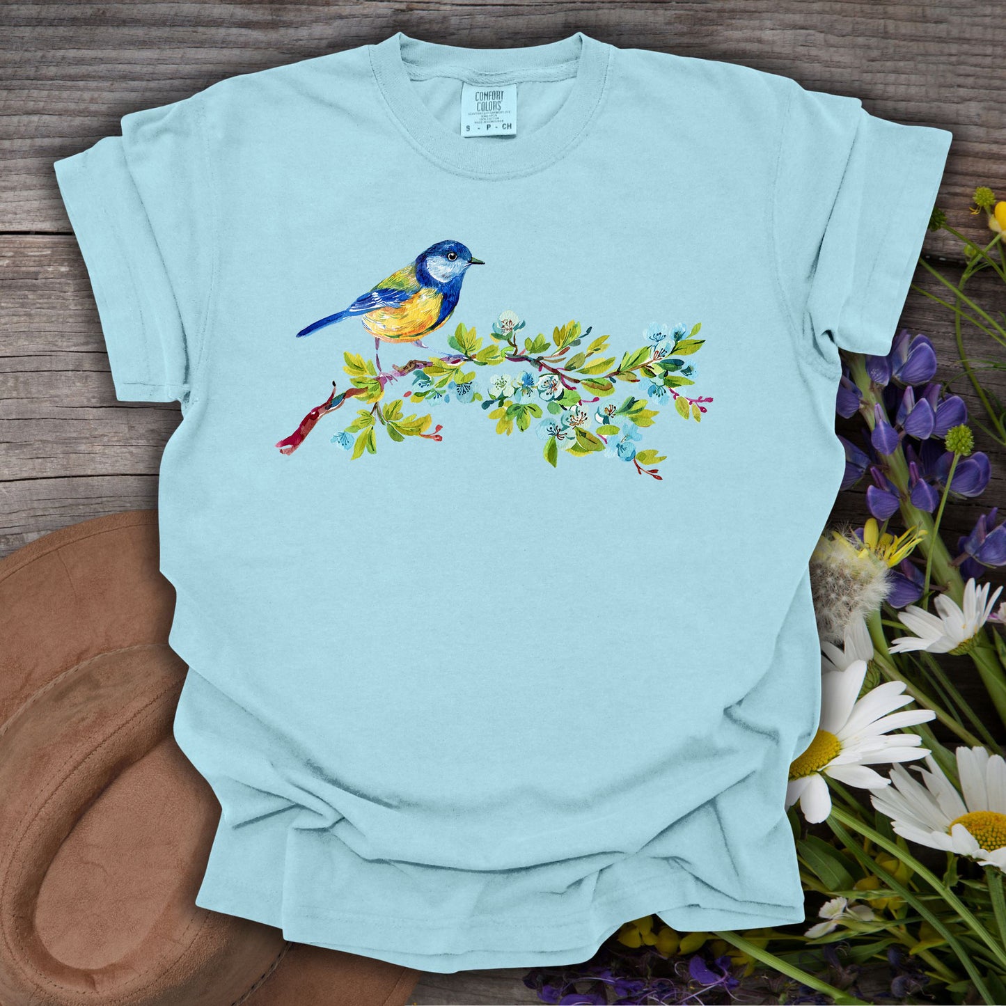 Watercolor Blue Bird on Branch T-Shirt