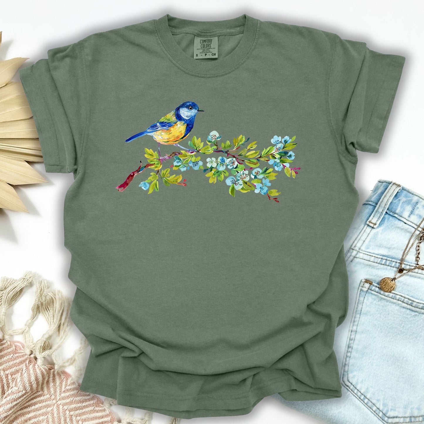 Watercolor Blue Bird on Branch T-Shirt