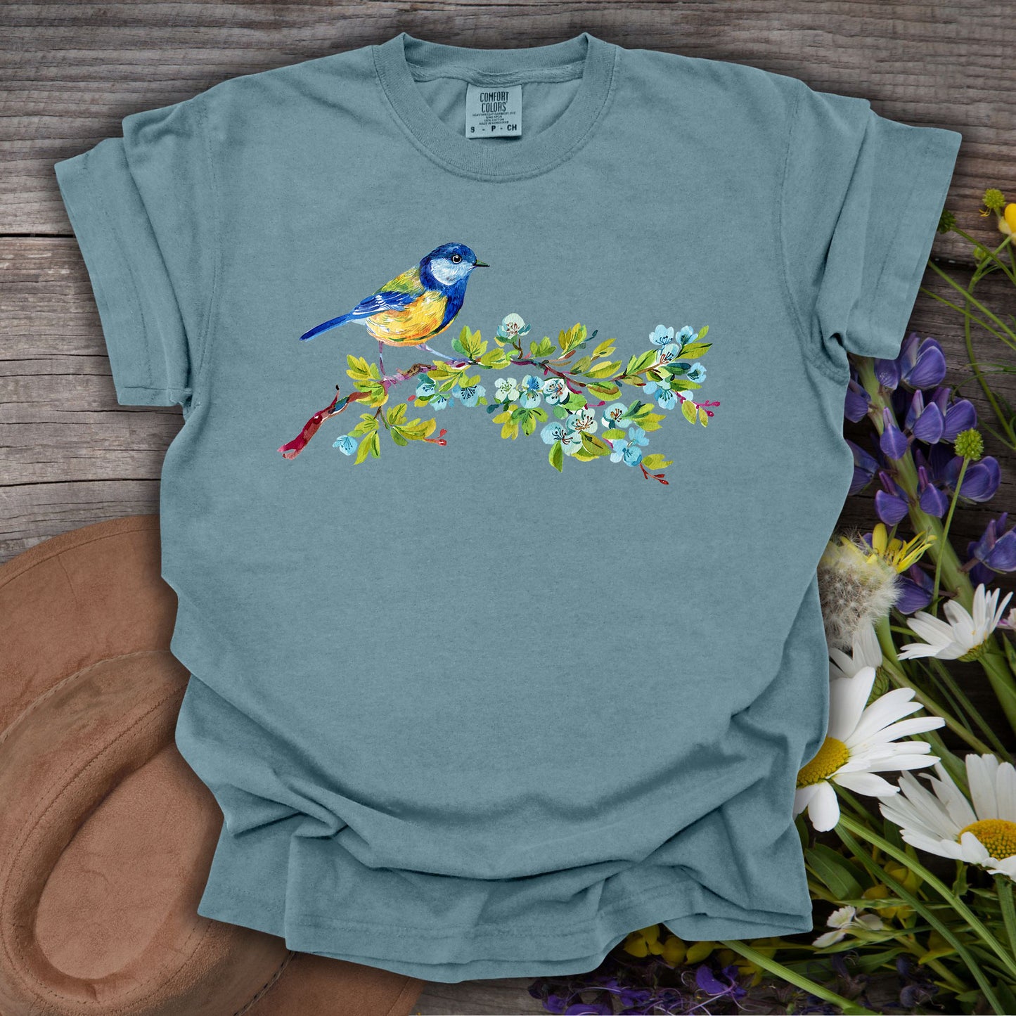 Watercolor Blue Bird on Branch T-Shirt
