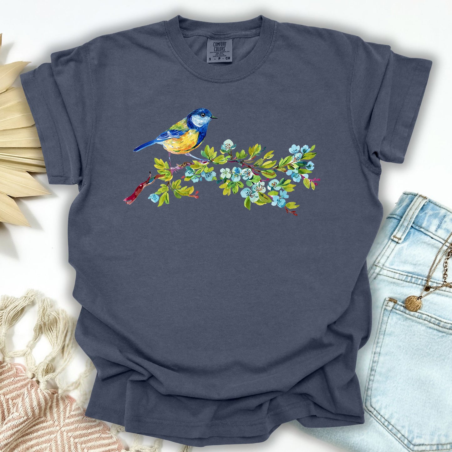 Watercolor Blue Bird on Branch T-Shirt