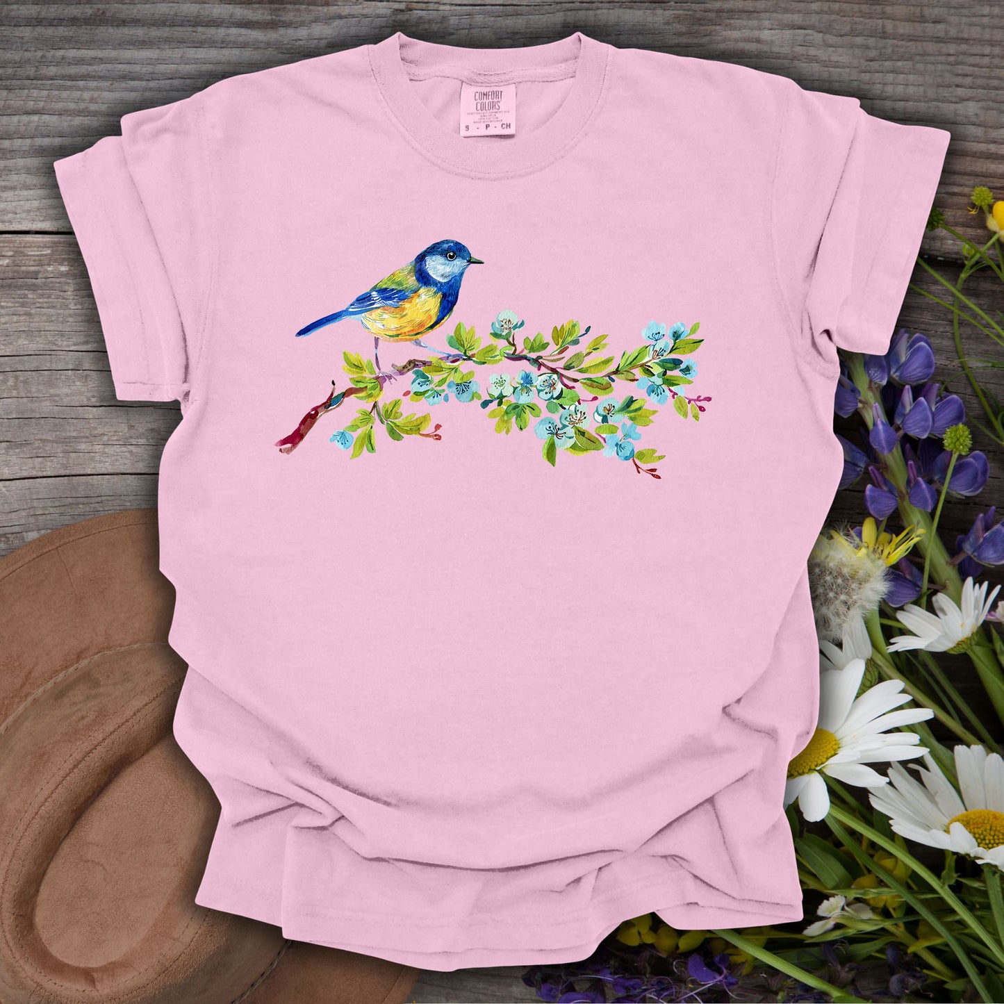 Watercolor Blue Bird on Branch T-Shirt