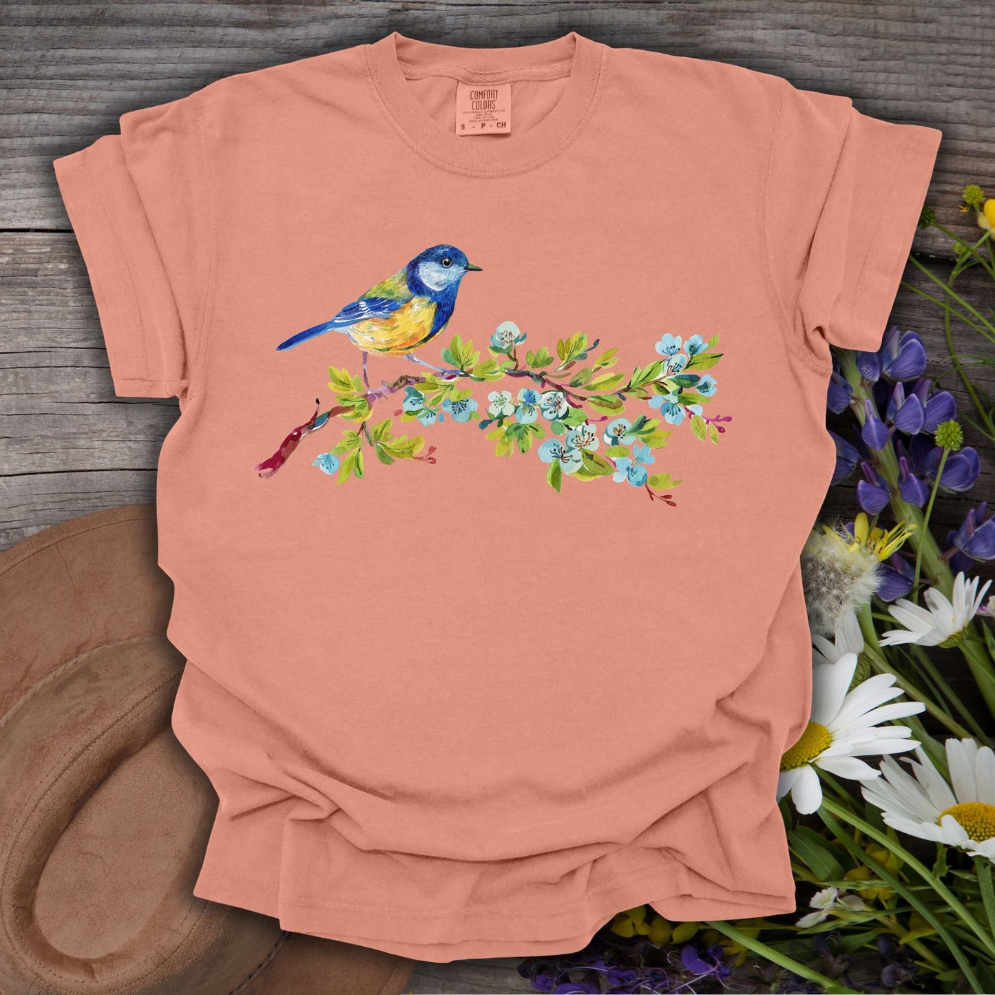 Watercolor Blue Bird on Branch T-Shirt