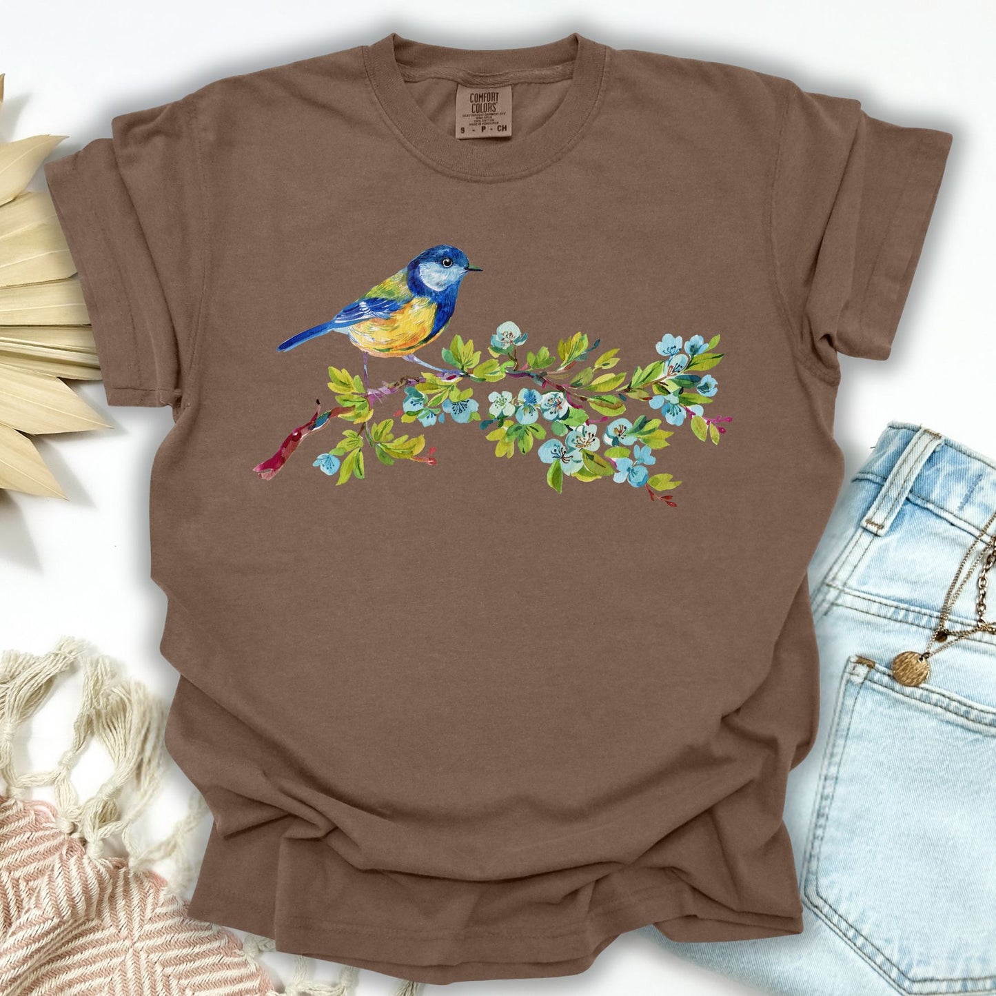 Watercolor Blue Bird on Branch T-Shirt