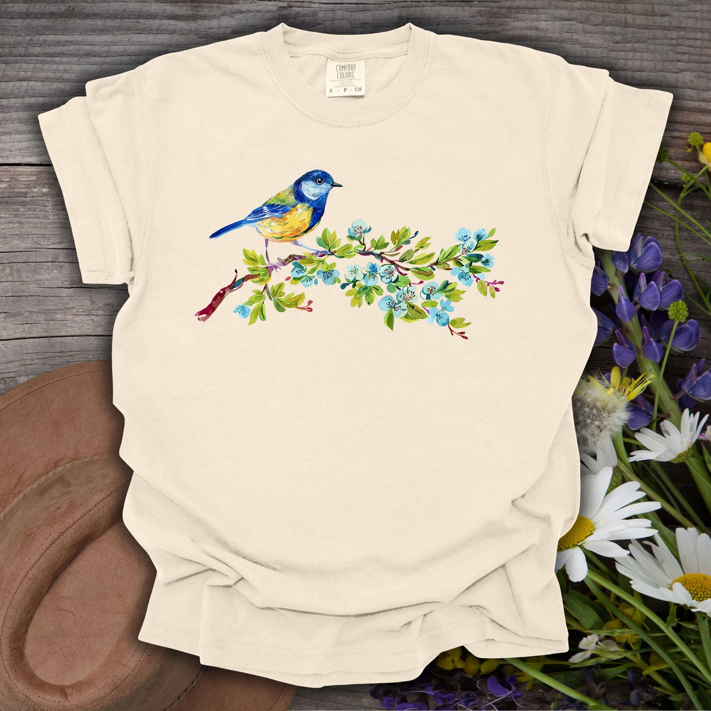 Watercolor Blue Bird on Branch T-Shirt