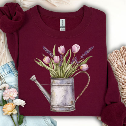 Watering Can with Purple Tulips Sweatshirt