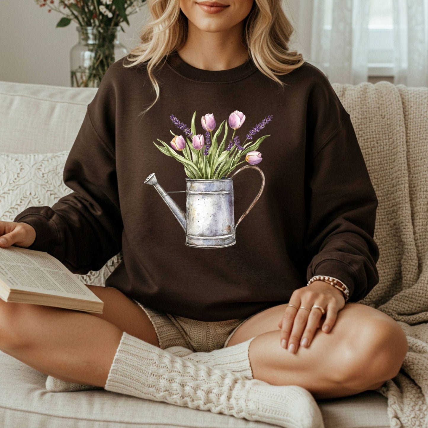 Watering Can with Purple Tulips Sweatshirt