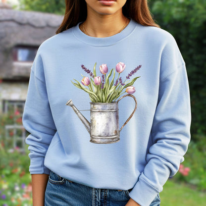 Watering Can with Purple Tulips Sweatshirt