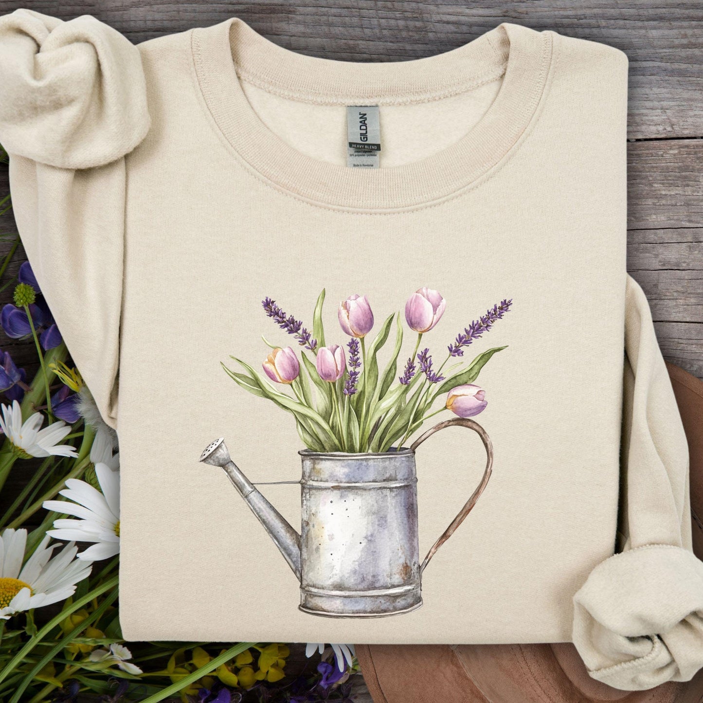Watering Can with Purple Tulips Sweatshirt
