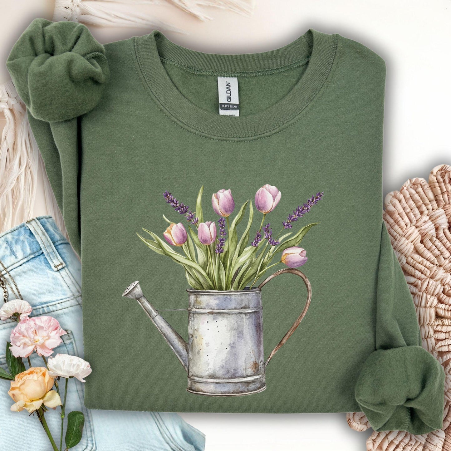 Watering Can with Purple Tulips Sweatshirt