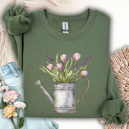 Watering Can with Purple Tulips Sweatshirt