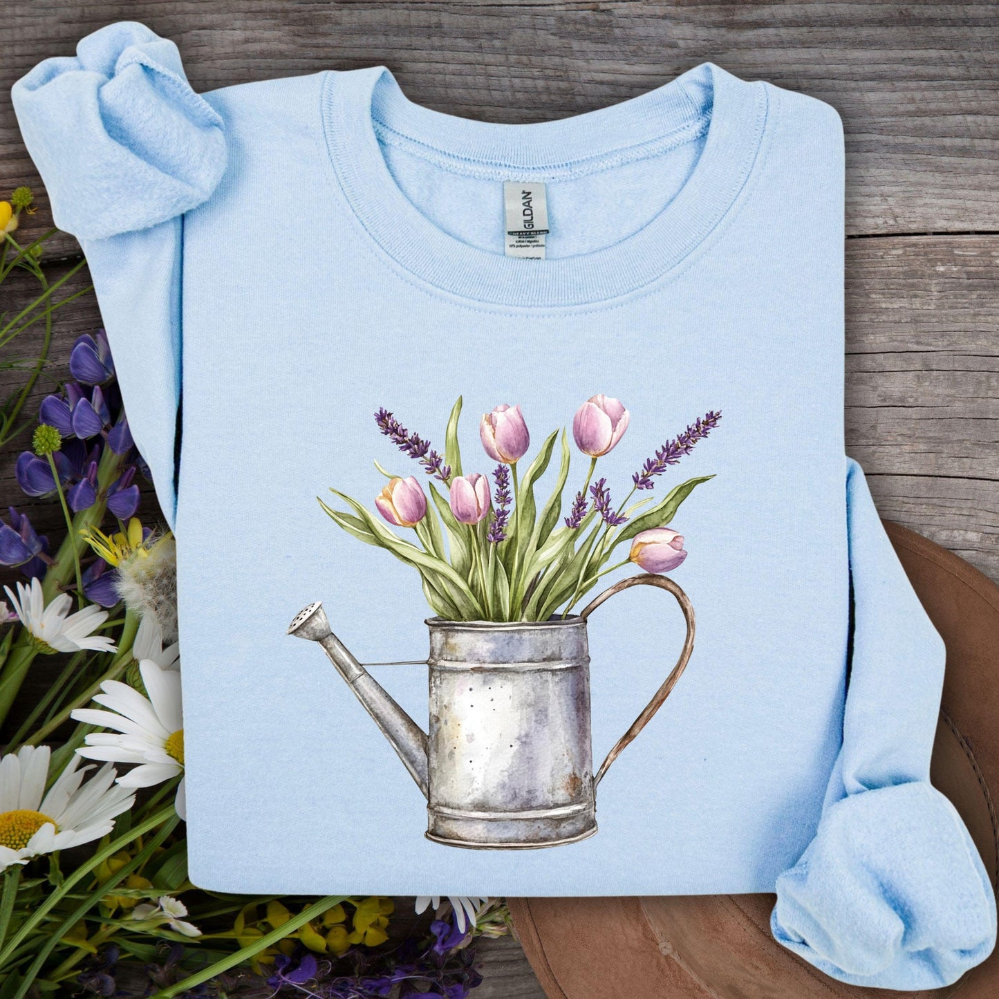 Watering Can with Purple Tulips Sweatshirt