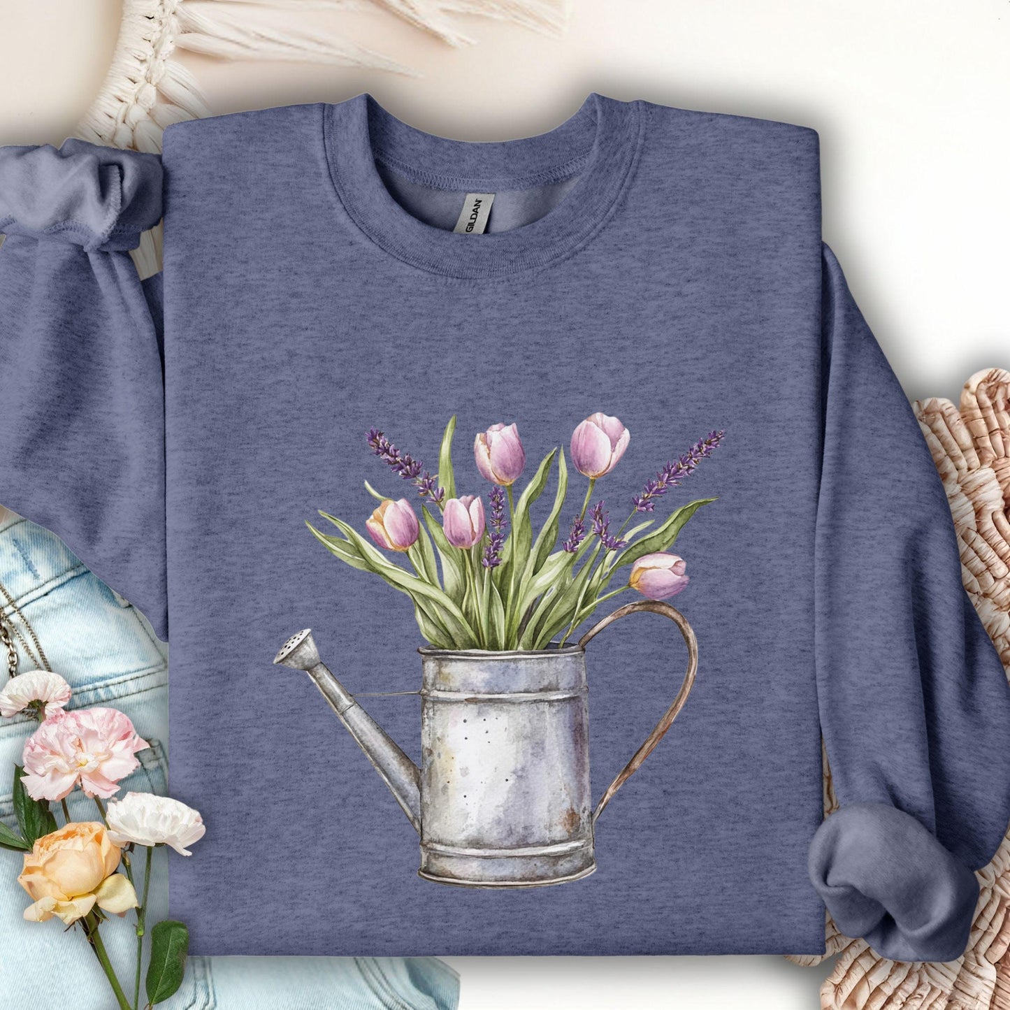 Watering Can with Purple Tulips Sweatshirt