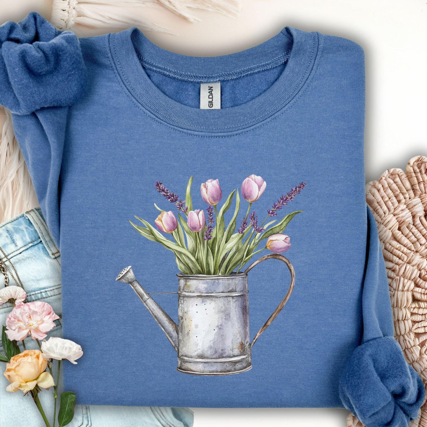 Watering Can with Purple Tulips Sweatshirt