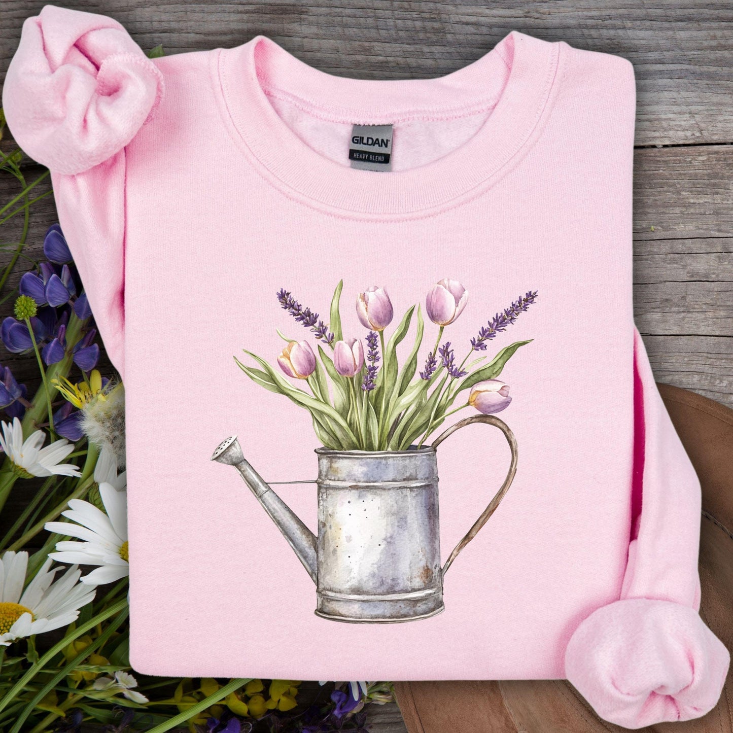 Watering Can with Purple Tulips Sweatshirt