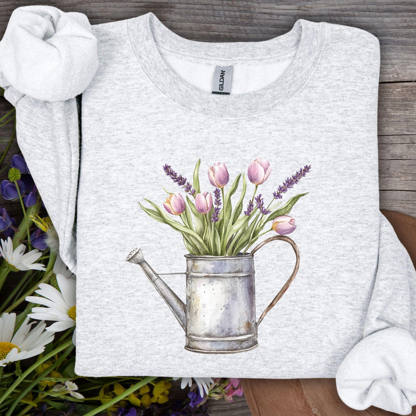 Watering Can with Purple Tulips Sweatshirt