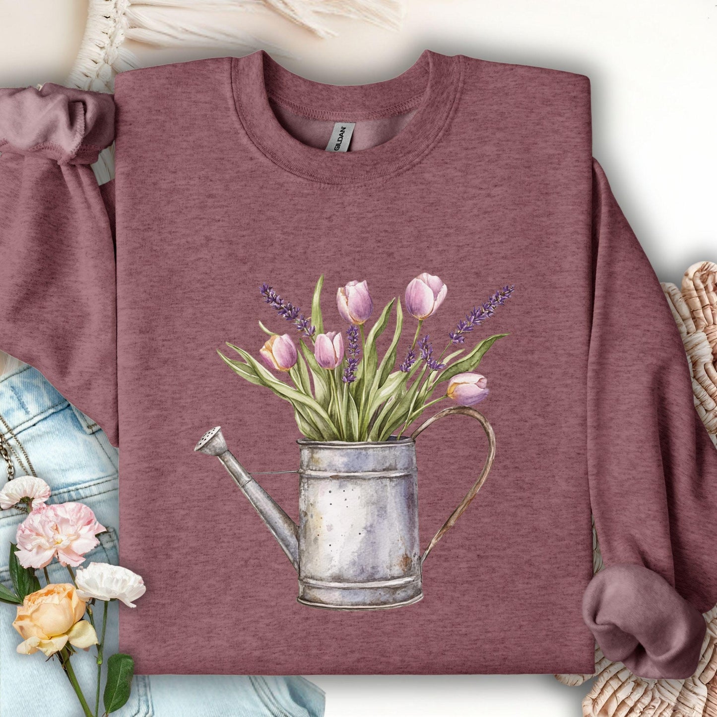 Watering Can with Purple Tulips Sweatshirt