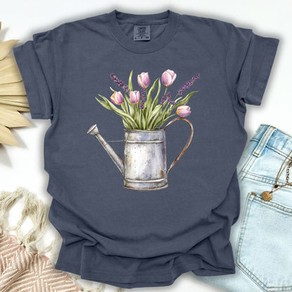 Denim S t-shirt with a vintage watering can and purple tulips botanical illustration.