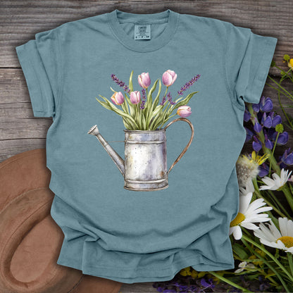 Ice Blue S t-shirt with a vintage watering can and purple tulips botanical illustration.