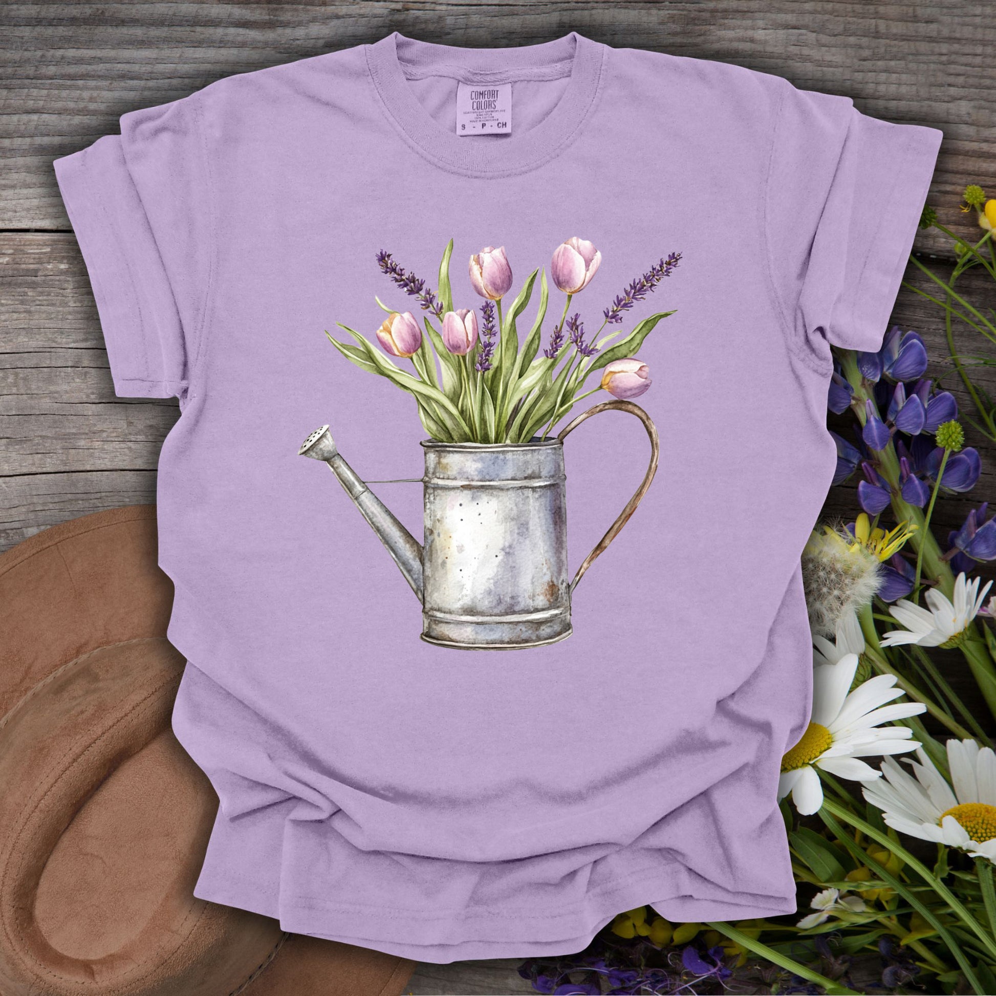 Orchid S-size t-shirt with a vintage watering can and purple tulips botanical illustration.