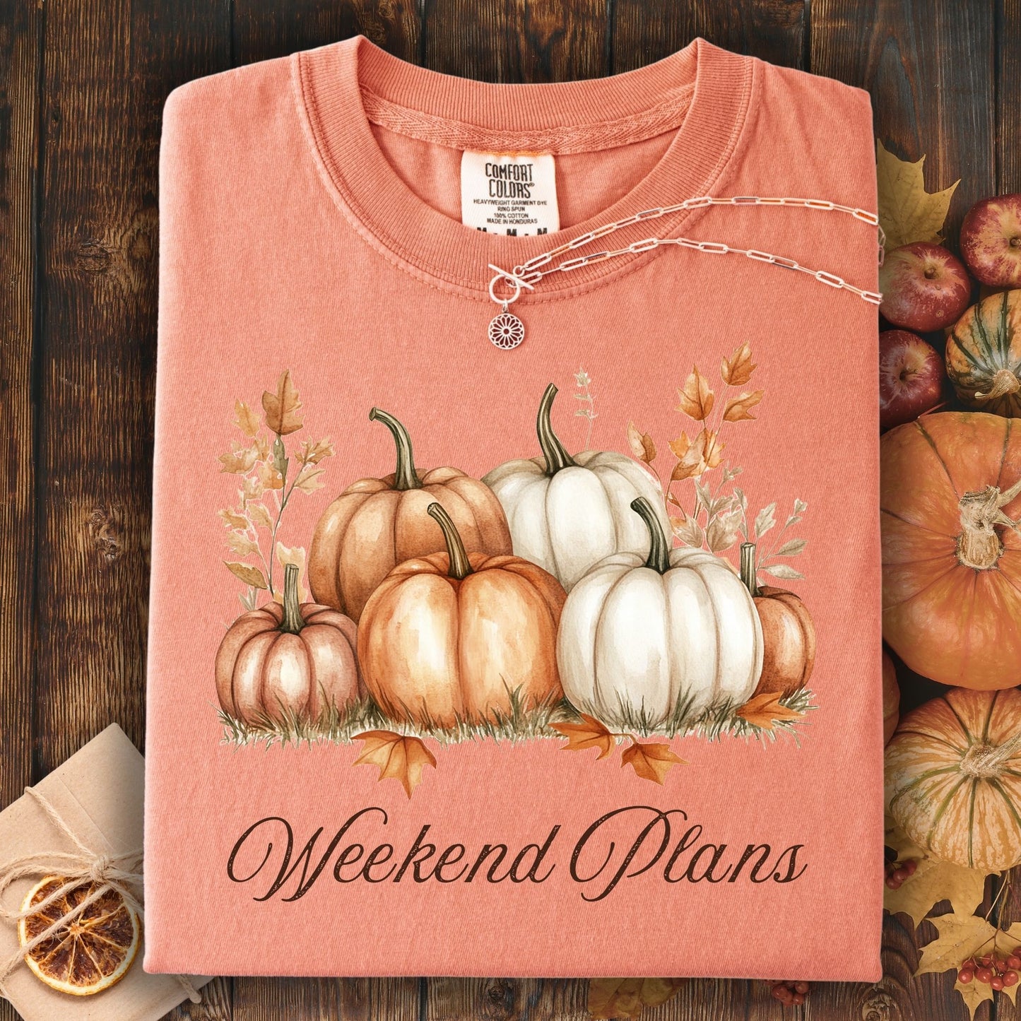 Terracotta heavyweight cotton t-shirt with watercolor pumpkins and "Weekend Plans" text, folded on wood.