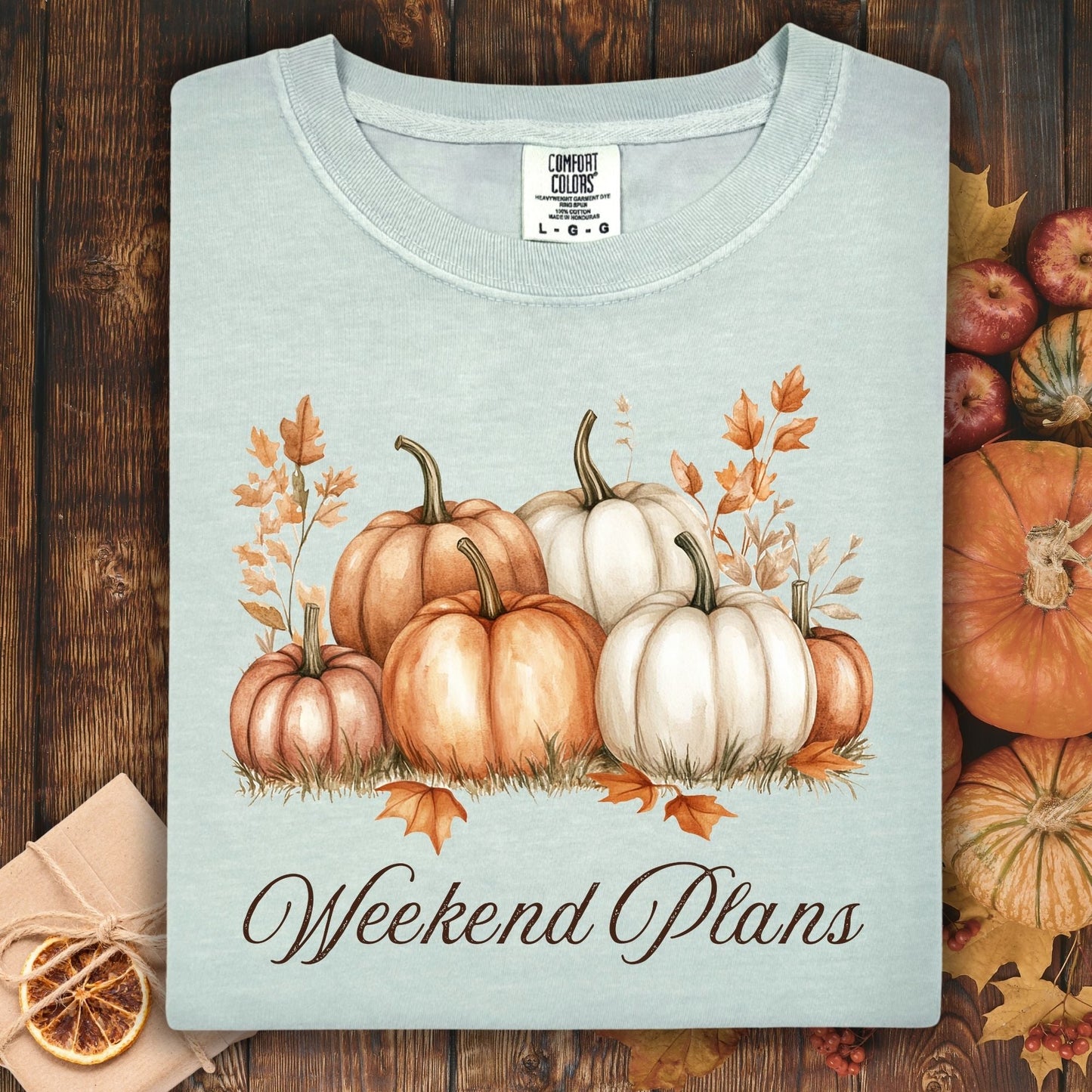 Bay blue heavyweight cotton t-shirt with watercolor pumpkins and "Weekend Plans" text, surrounded by fall decor.