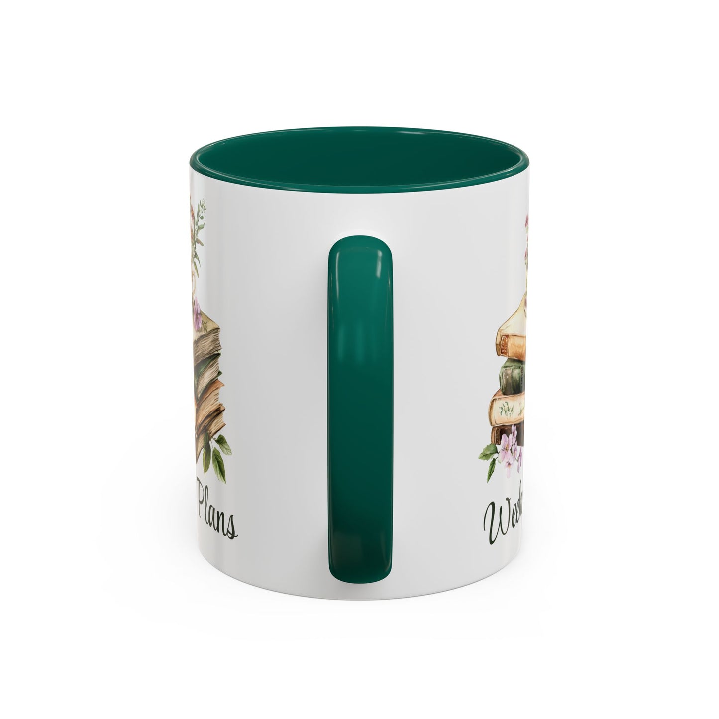 White ceramic mug with a green handle and interior, featuring a watercolor stack of books and "Weekend Plans" text.