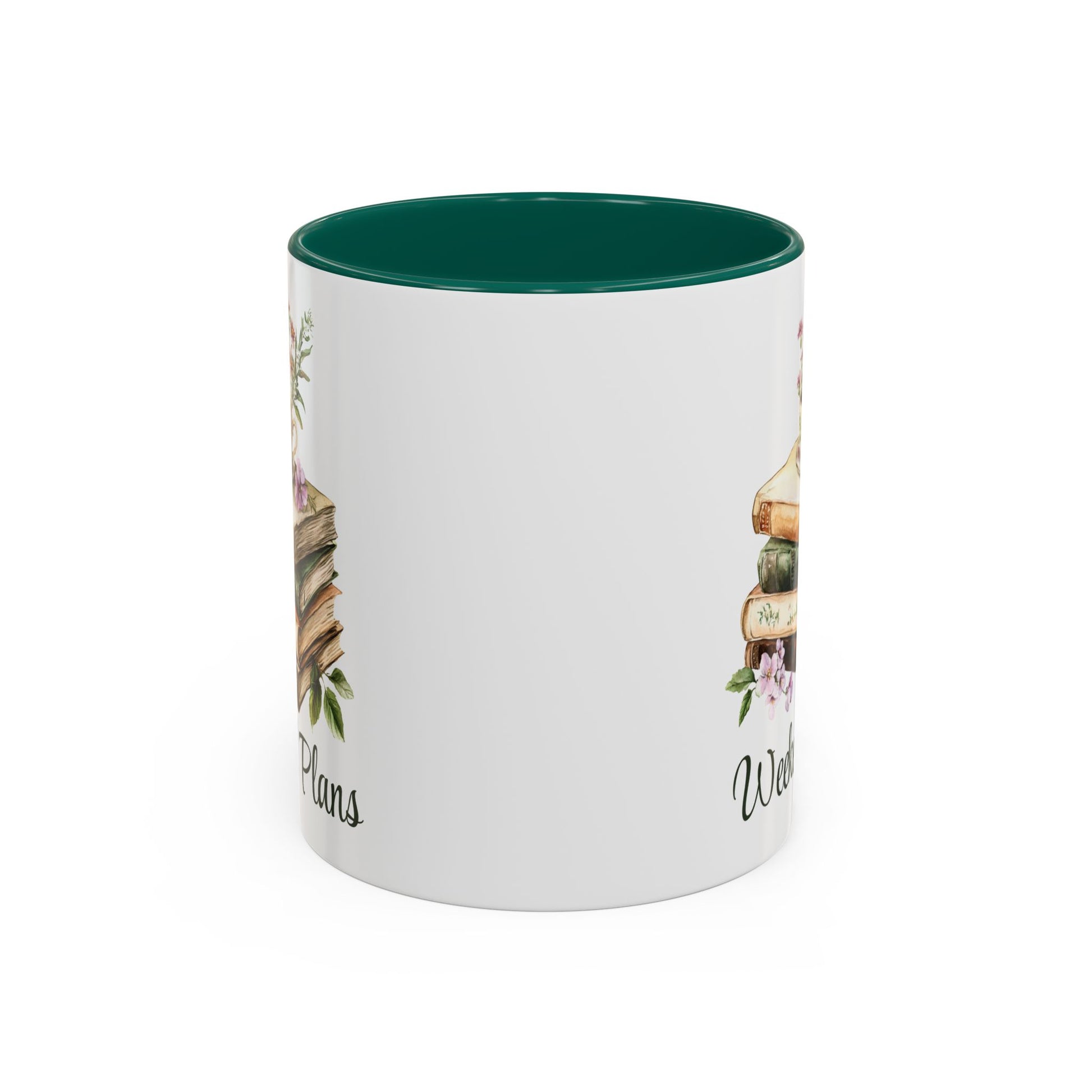 White ceramic mug with a green interior and handle, featuring a watercolor stack of books and floral teacup.