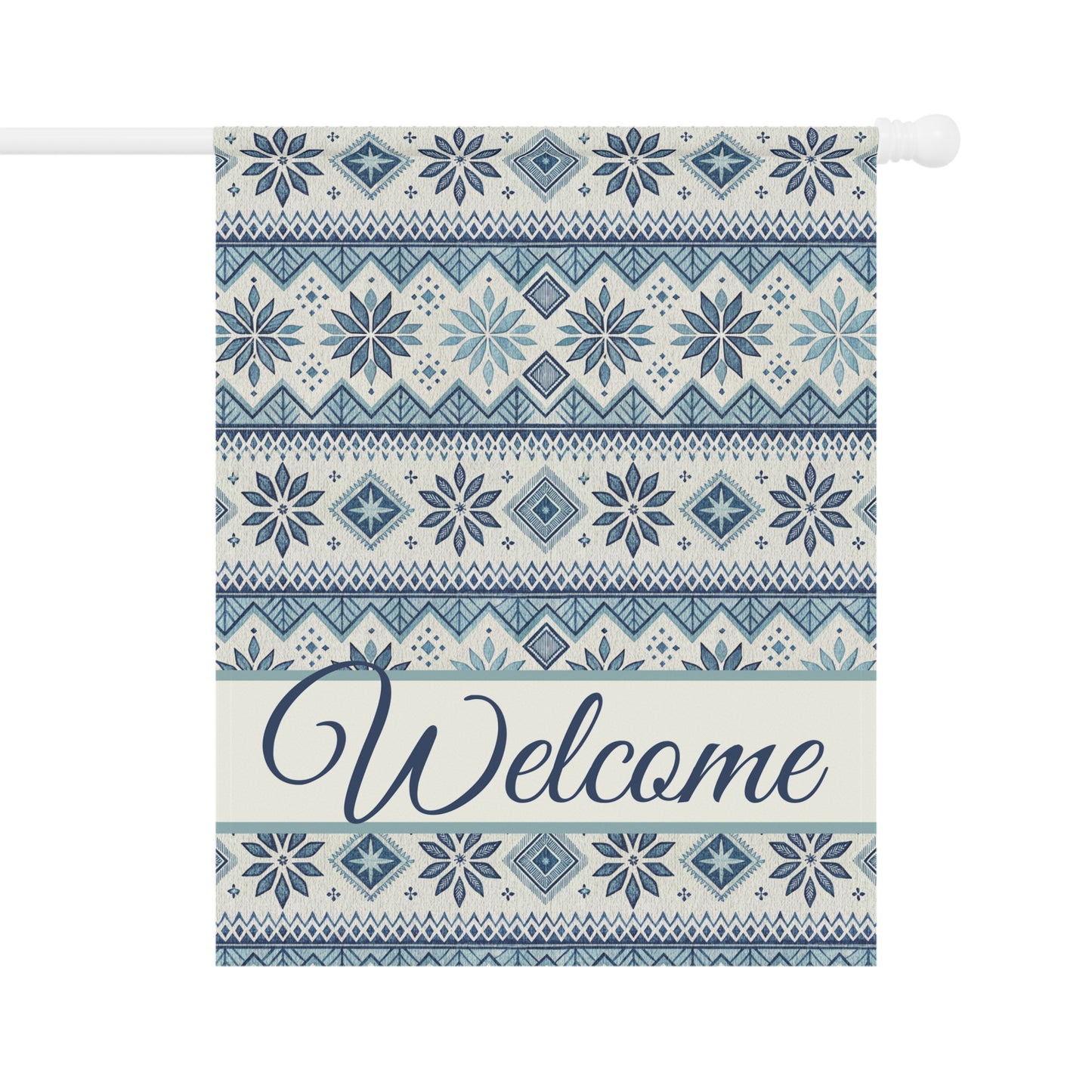 Blue Fair Isle pattern garden flag with "Welcome" in script, made of poly poplin canvas.