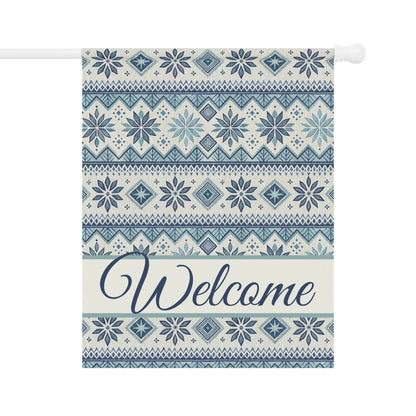 Blue Fair Isle pattern garden flag with "Welcome" in script, made of poly poplin canvas.