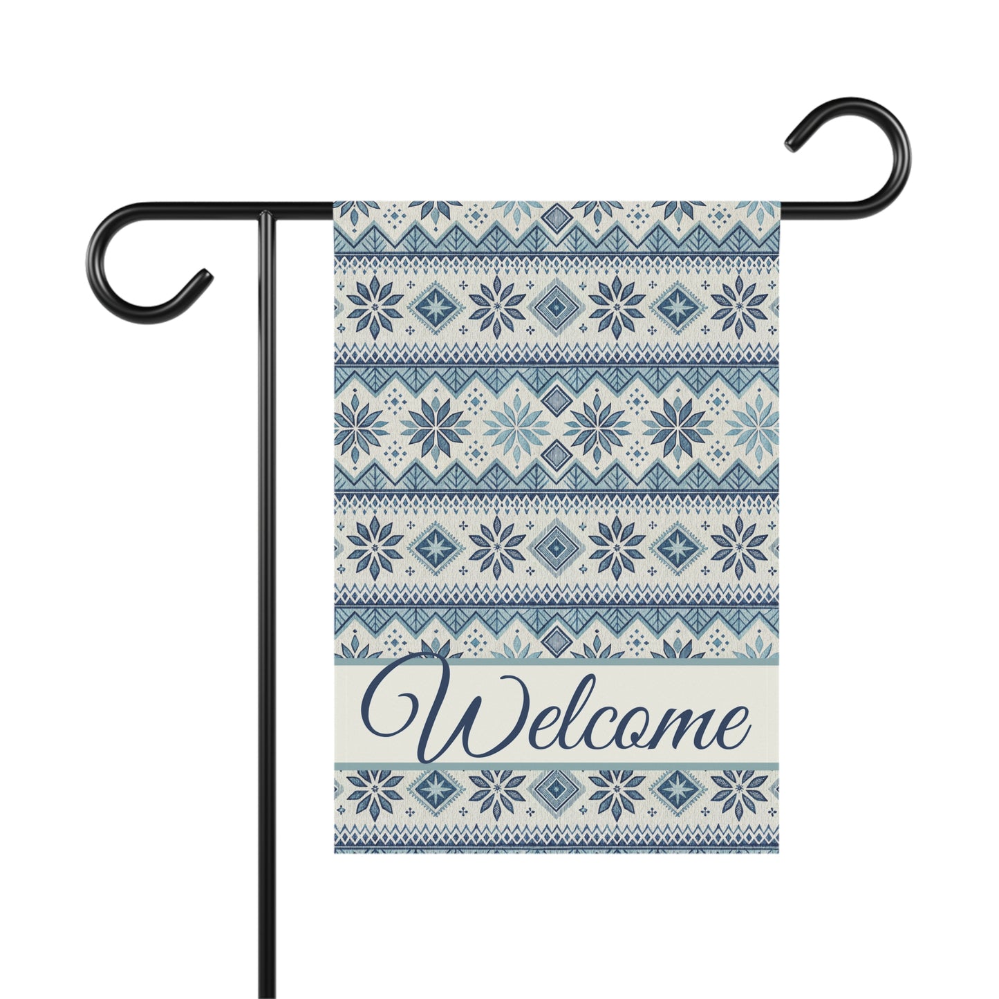Blue Fair Isle pattern garden flag with "Welcome" text, made of lightweight poly poplin-canvas.