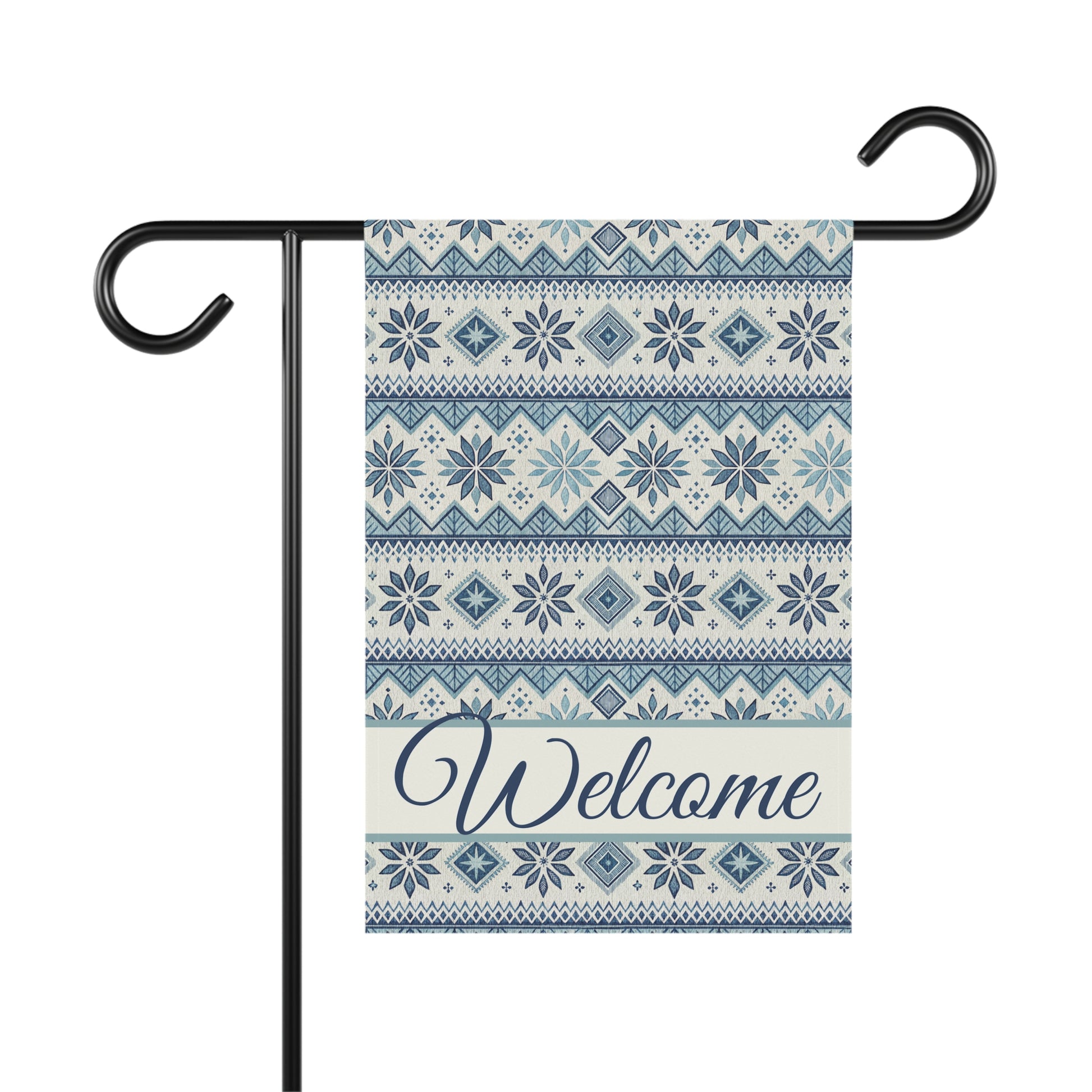 Blue Fair Isle pattern garden flag with "Welcome" text, made of lightweight poly poplin-canvas.