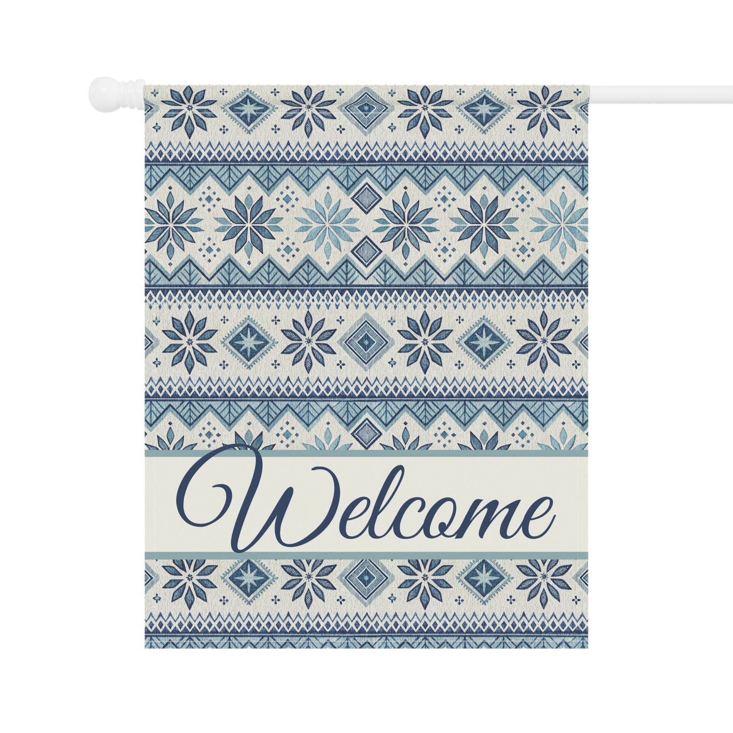 Blue Fair Isle pattern garden flag with "Welcome" in script, made of poly poplin canvas.