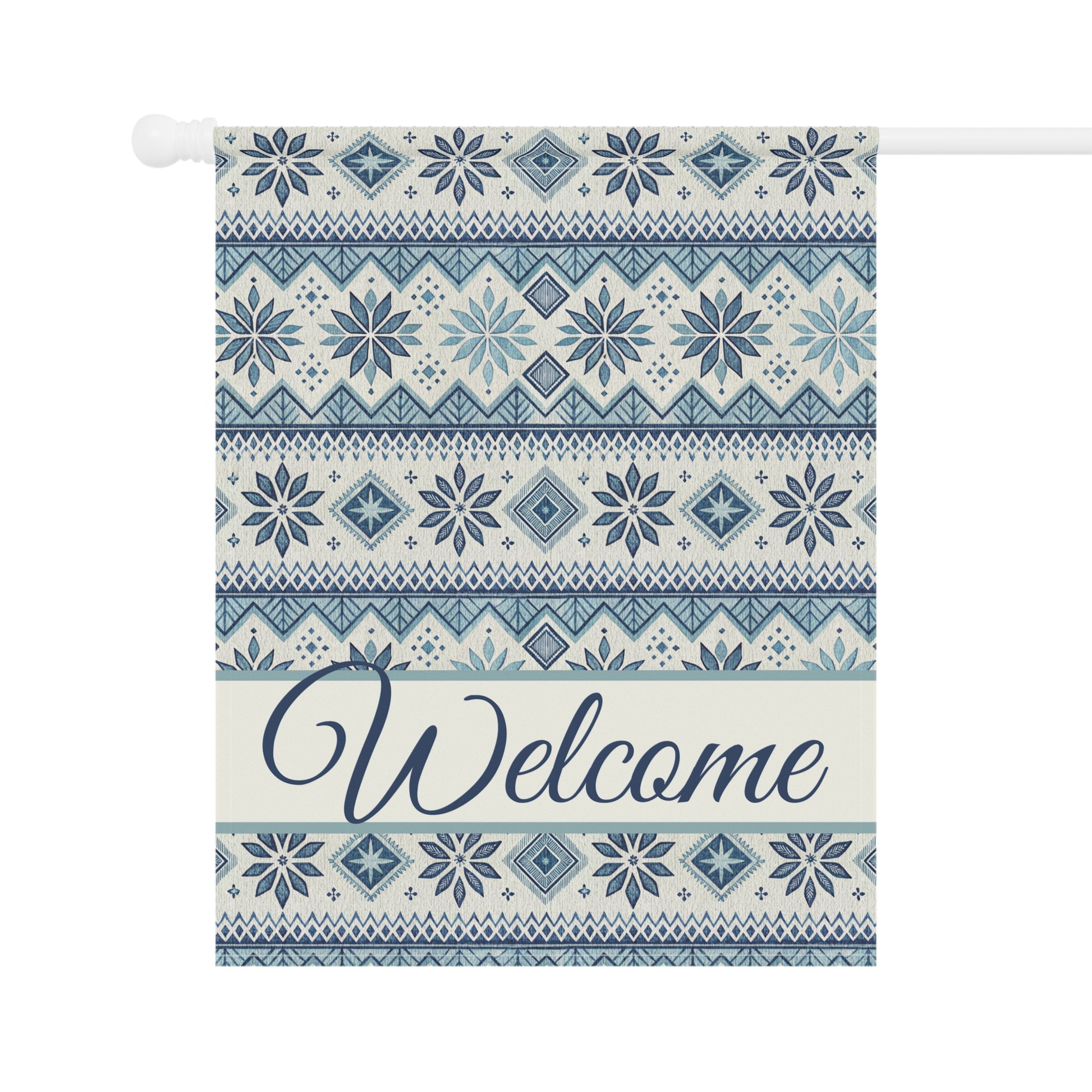 Blue Fair Isle pattern garden flag with "Welcome" in script, made of poly poplin canvas.