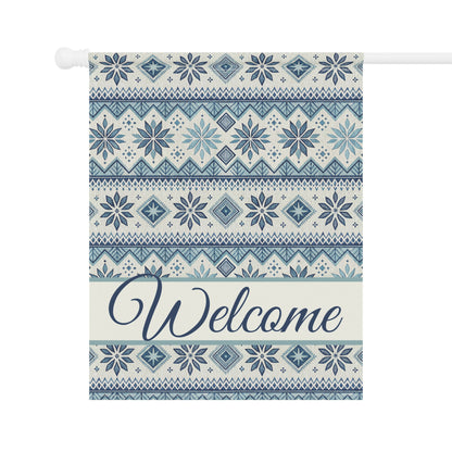 Blue Fair Isle pattern garden flag with "Welcome" in script, made of poly poplin canvas.
