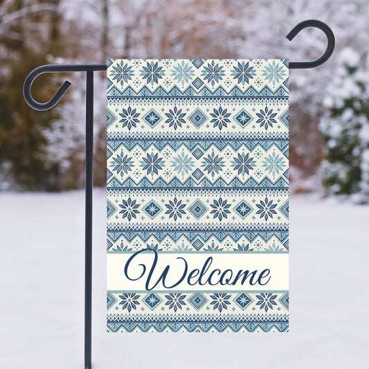 Welcome Blue Fair Isle Pattern Garden Flag