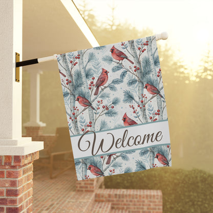 Welcome Cardinal in Snowy Birch Trees Garden Flag