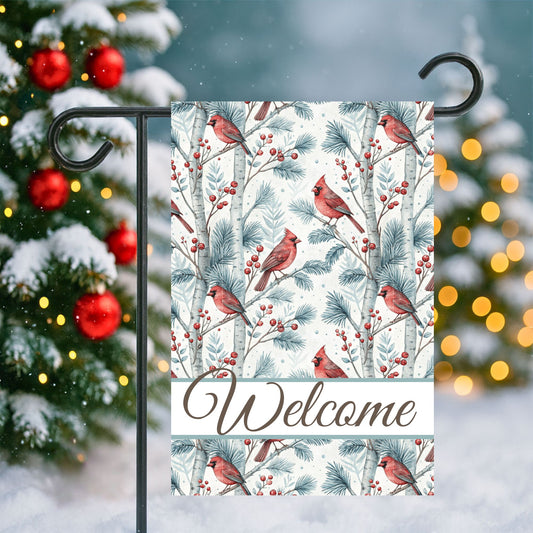 Welcome Cardinal in Snowy Birch Trees Garden Flag