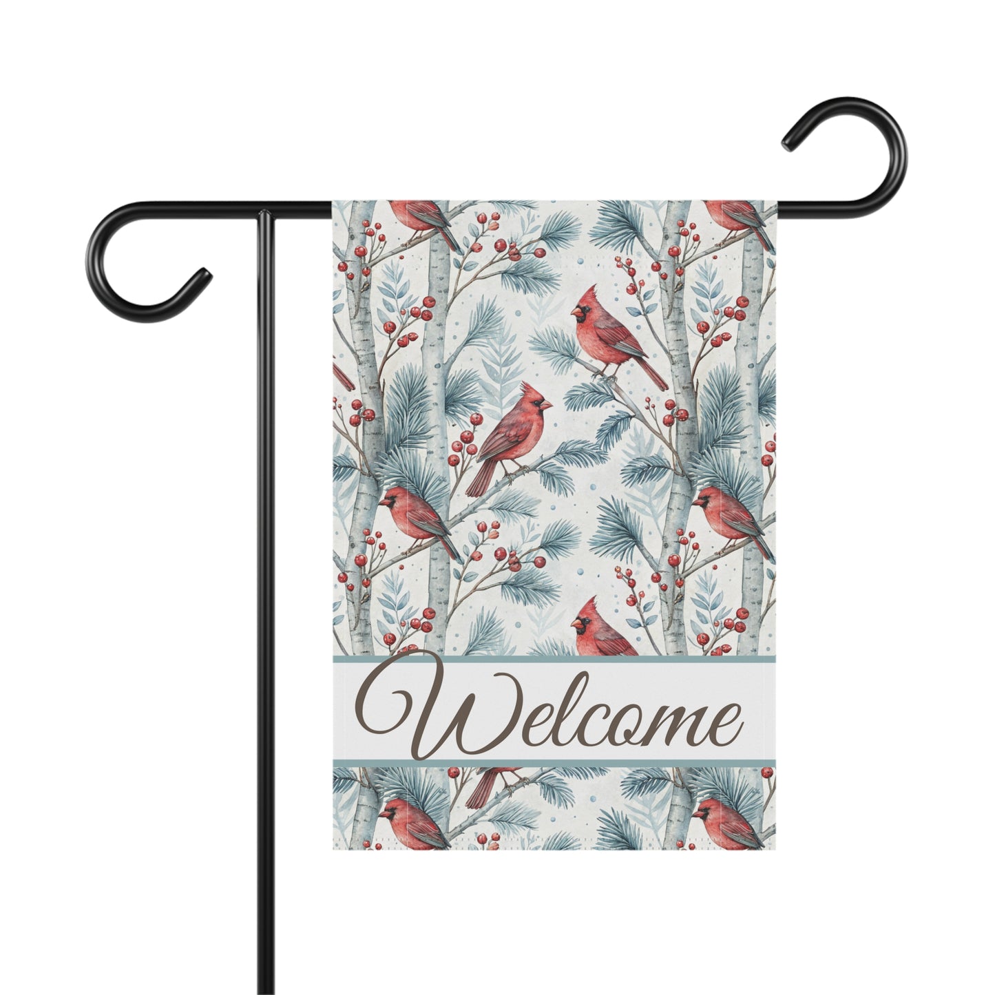 Welcome Cardinal in Snowy Birch Trees Garden Flag