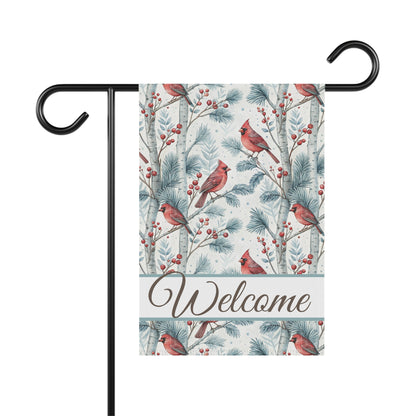 Welcome Cardinal in Snowy Birch Trees Garden Flag