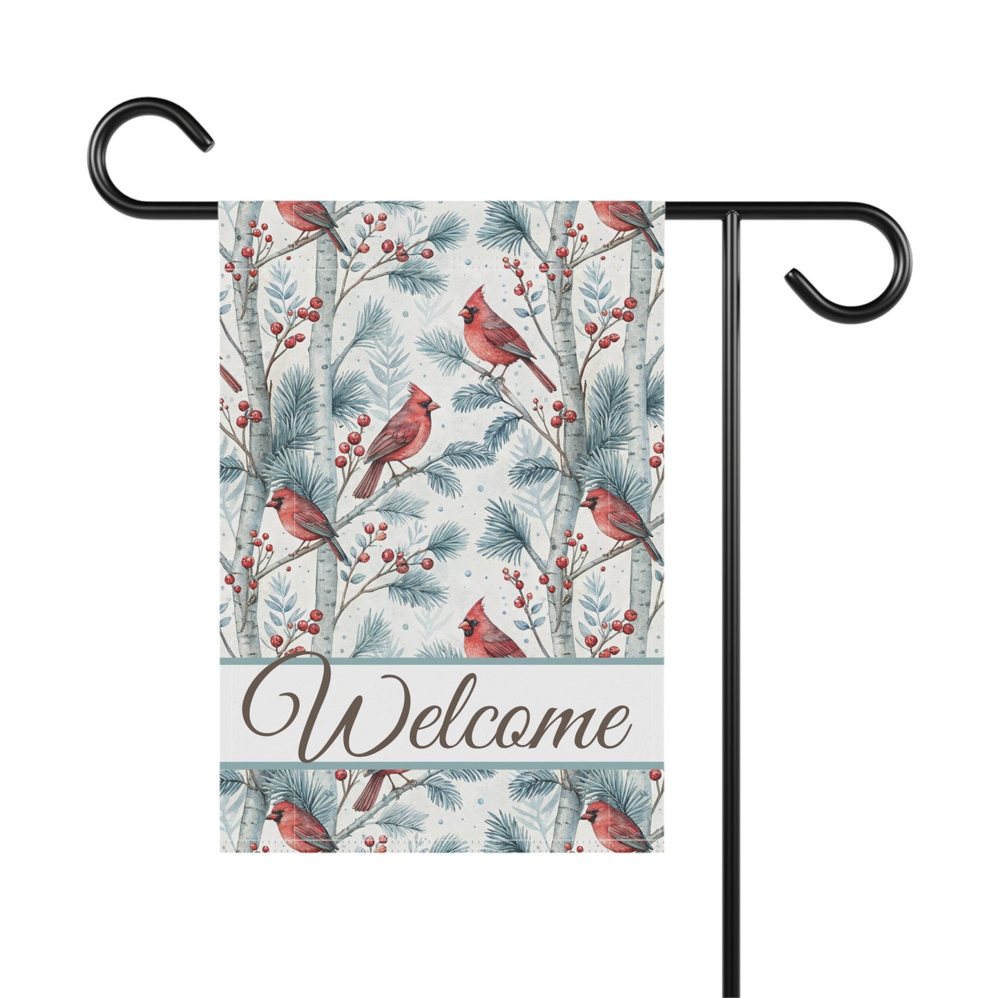 Welcome Cardinal in Snowy Birch Trees Garden Flag