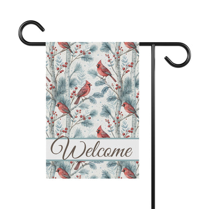 Welcome Cardinal in Snowy Birch Trees Garden Flag