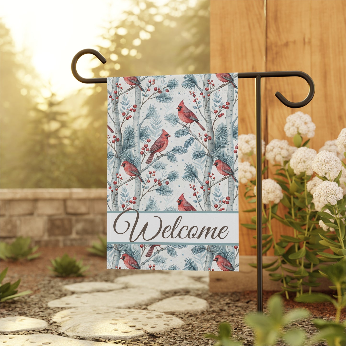 Welcome Cardinal in Snowy Birch Trees Garden Flag