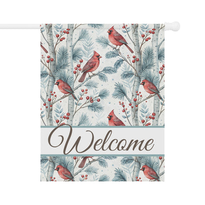 Welcome Cardinal in Snowy Birch Trees Garden Flag