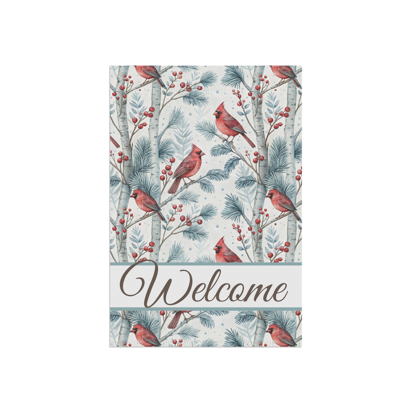 Welcome Cardinal in Snowy Birch Trees Garden Flag