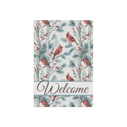 Welcome Cardinal in Snowy Birch Trees Garden Flag