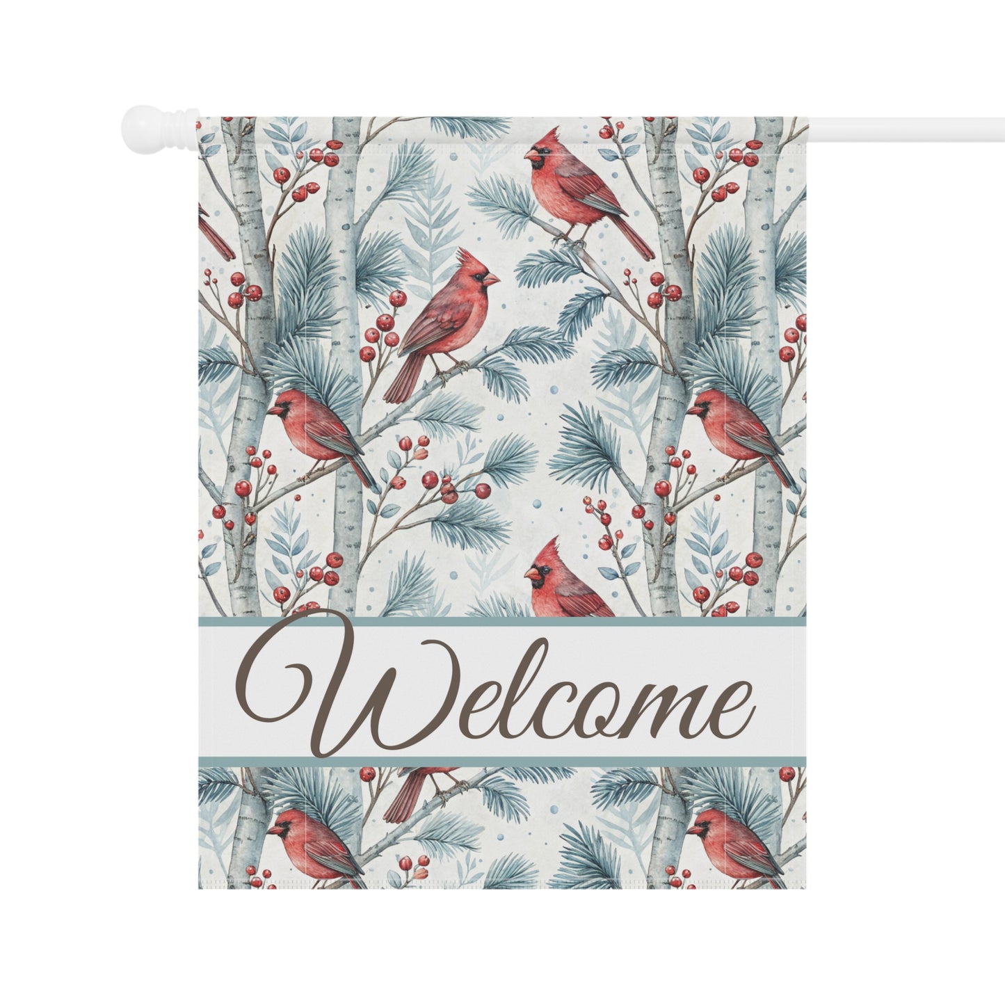 Welcome Cardinal in Snowy Birch Trees Garden Flag