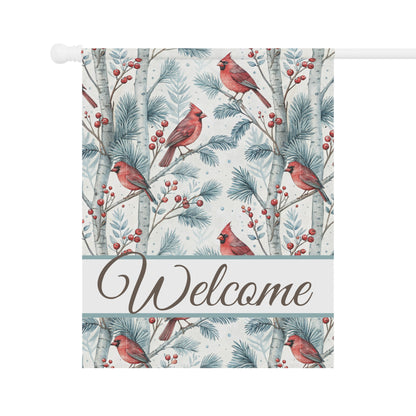 Welcome Cardinal in Snowy Birch Trees Garden Flag