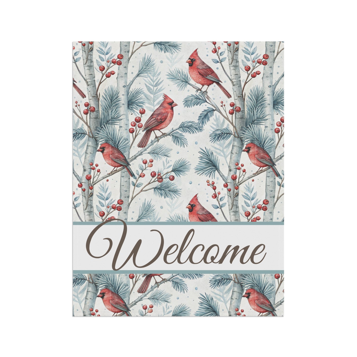 Welcome Cardinal in Snowy Birch Trees Garden Flag